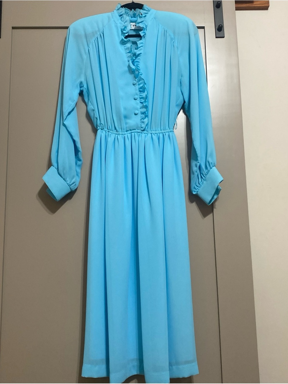 Vintage 70’s Classic Ruffle-Front Midi Dress in Light Blue